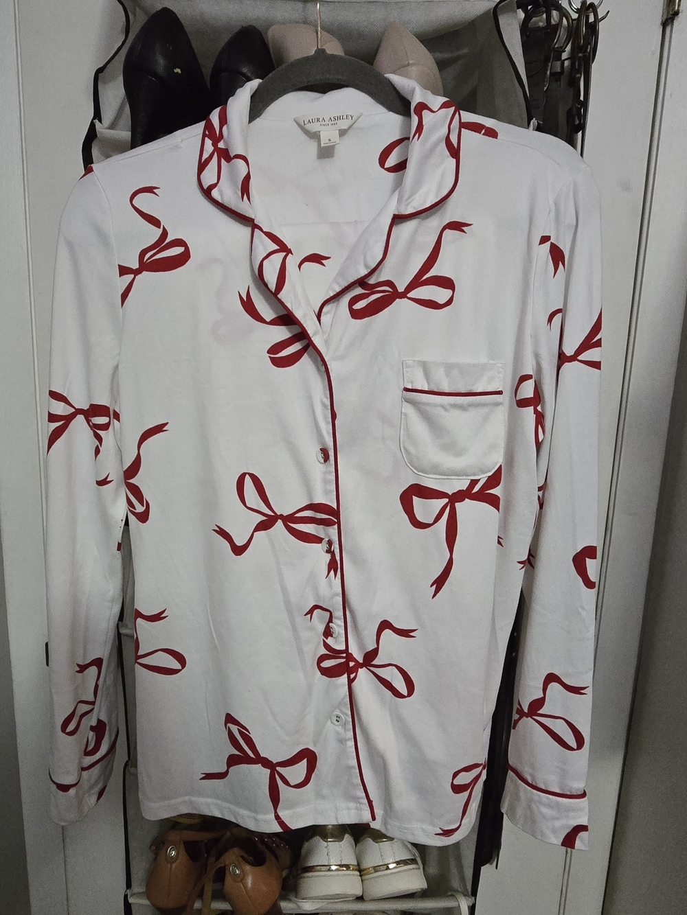 Laura Ashley White Button-Front Pajama Shirt with Red Bow Print